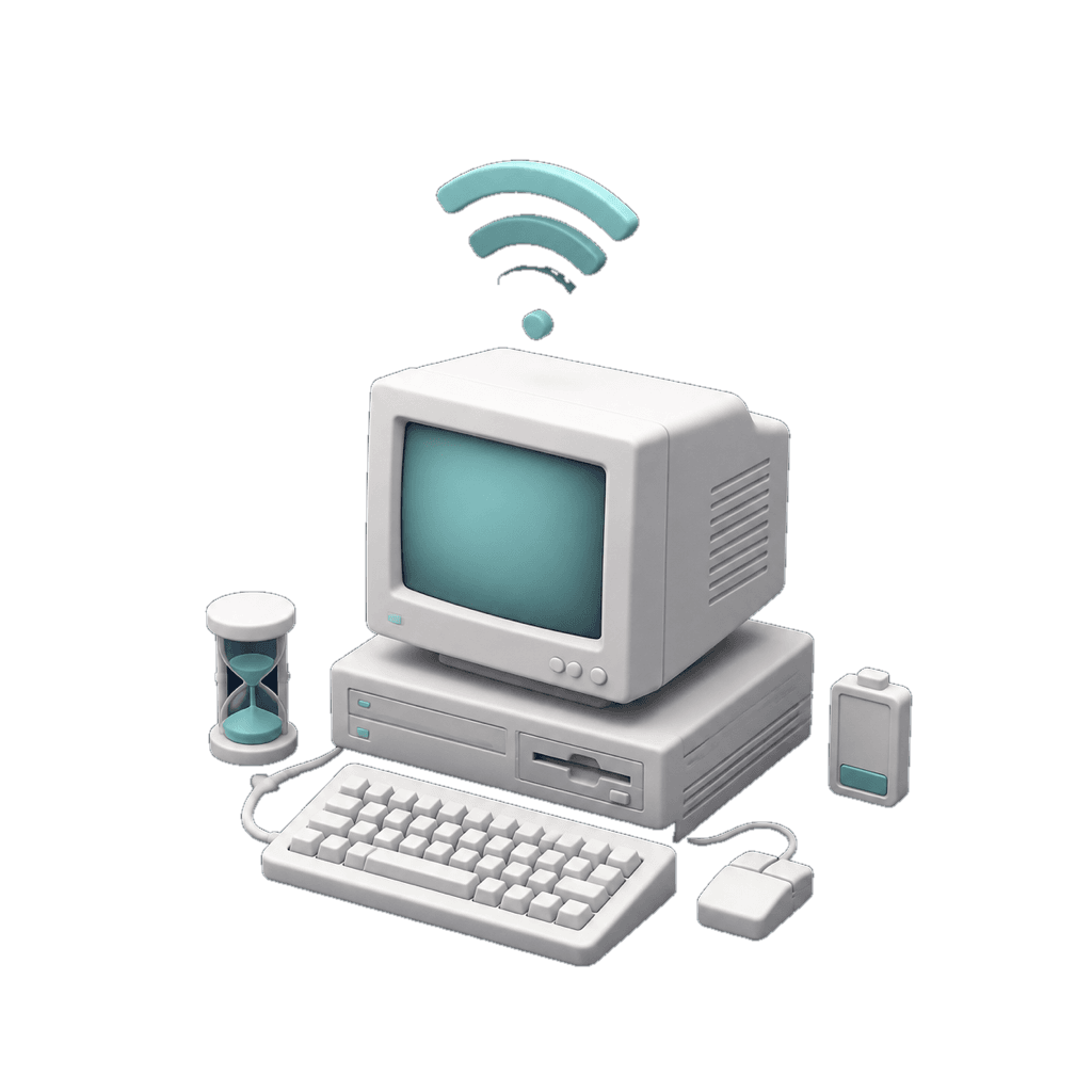 技術遅れ — 古いPCと弱いWi-Fi信号の図
