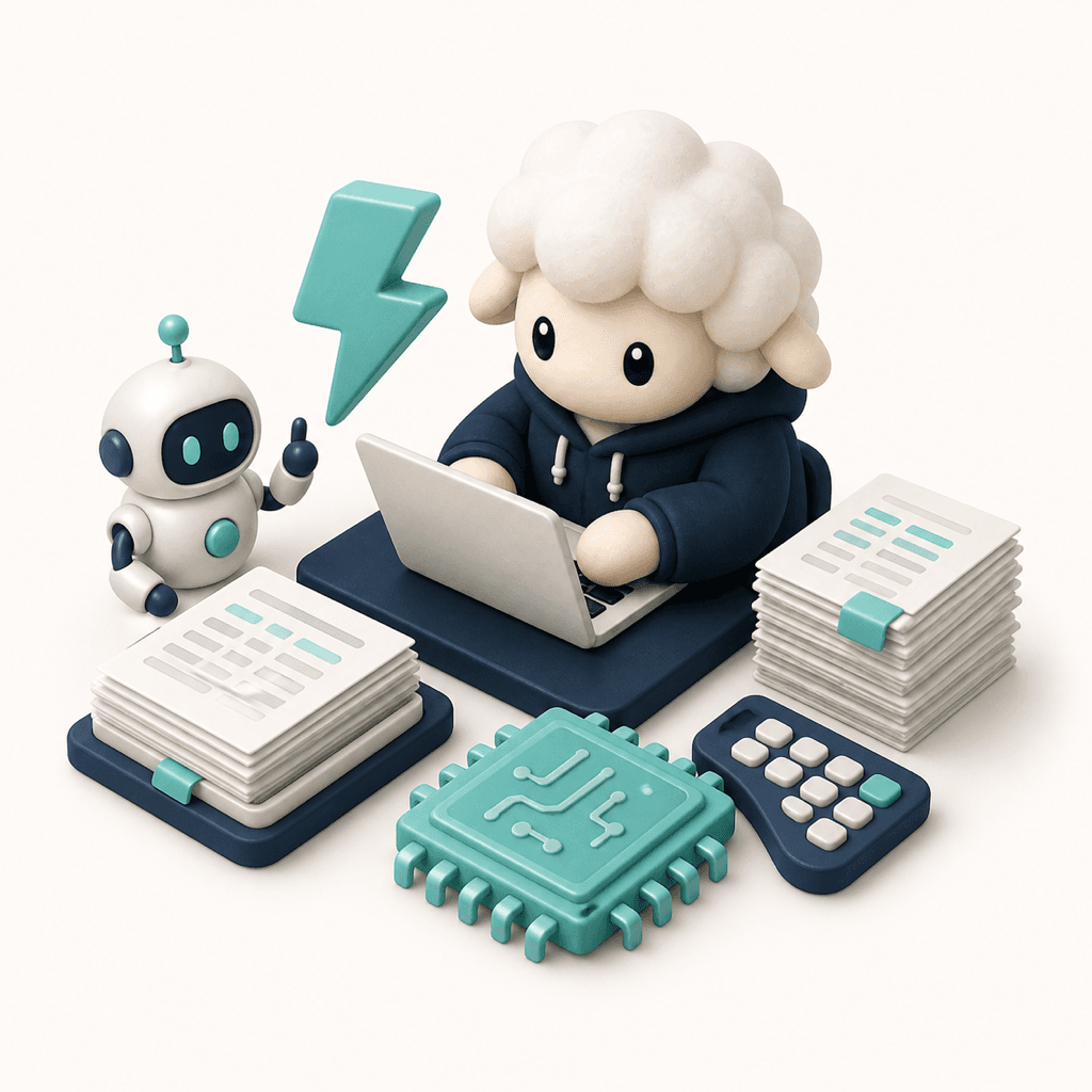 AI駆動で高速化 — POFIT 羊キャラがノートPC・AIチップ・稲妻アイコンと共に給与計算を自動化する 3D イラスト