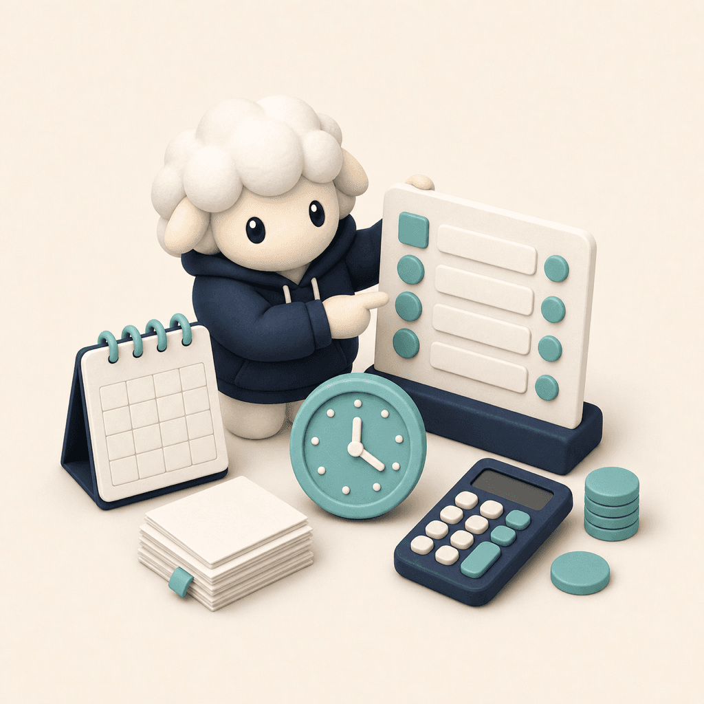 定額・分かりやすい — POFIT 羊キャラがカレンダー・時計・シンプルな価格表を示す 3D イラスト