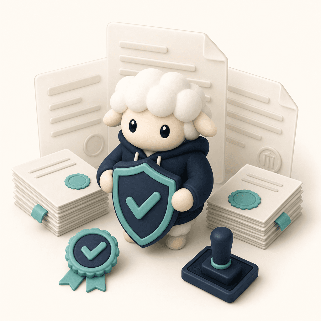 社労士が完全監修 — POFIT 羊キャラが認定盾・印鑑・認定バッジを抱える 3D イラスト