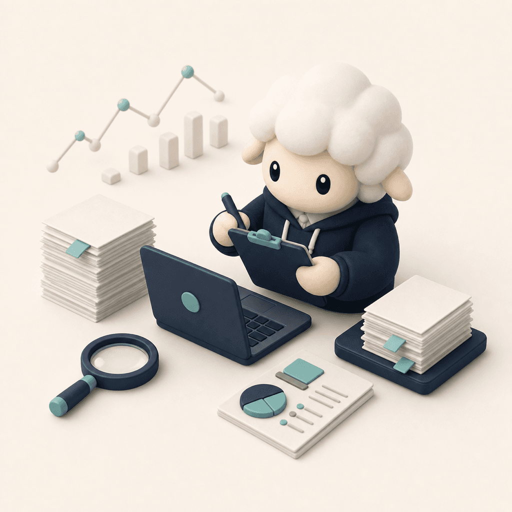 現場知 — POFIT 羊キャラがノートPC・書類・虫眼鏡で現場を観察する 3D イラスト