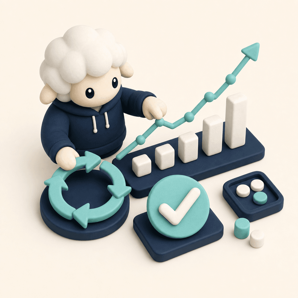改善 — POFIT 羊キャラが上向きグラフ・循環矢印・チェックマークを操作する 3D イラスト
