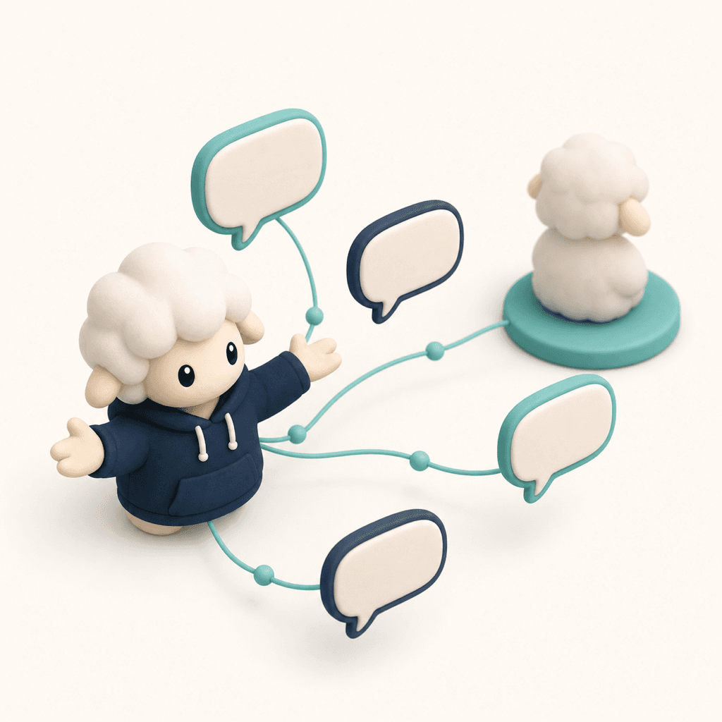 共有 — POFIT 羊キャラがチャット吹き出しで他のキャラと知見をシェアする 3D イラスト