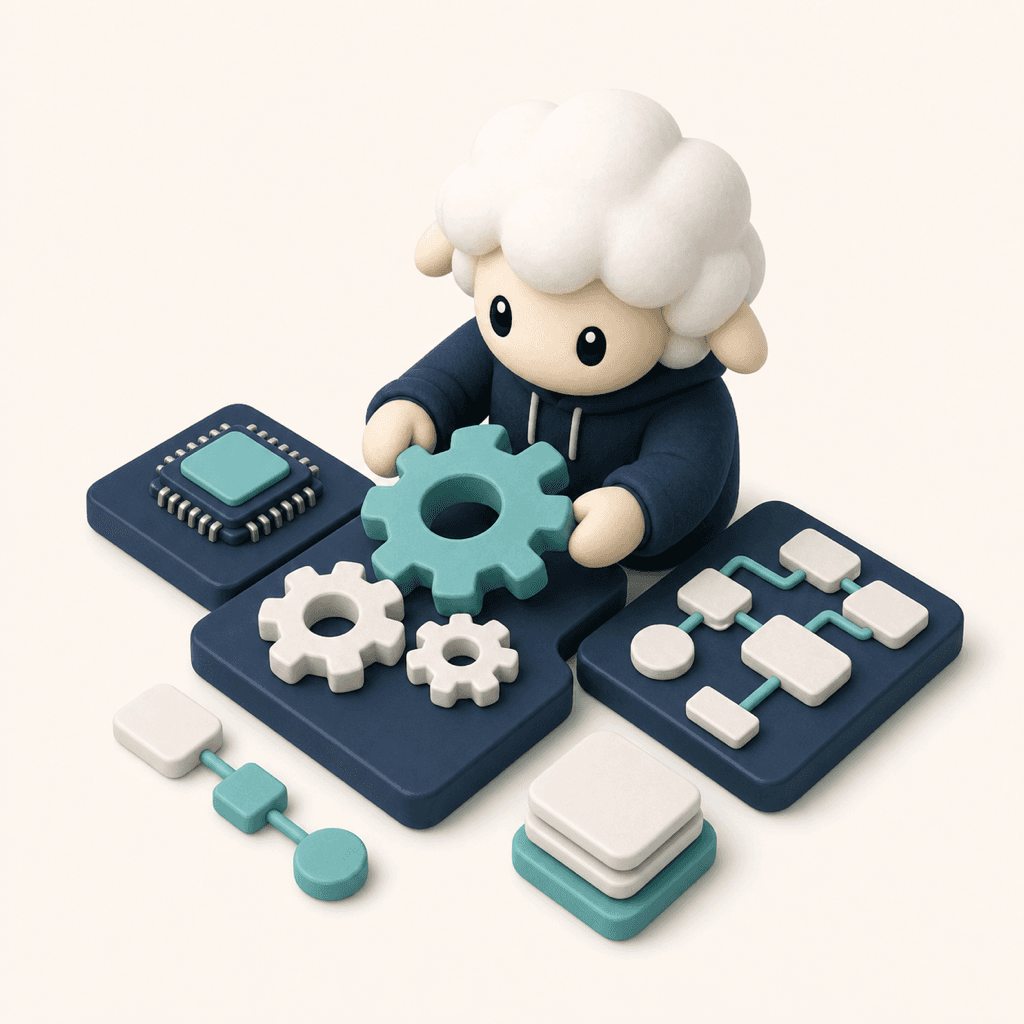 標準化 — POFIT 羊キャラが歯車・AIチップ・フローチャートを整列させる 3D イラスト