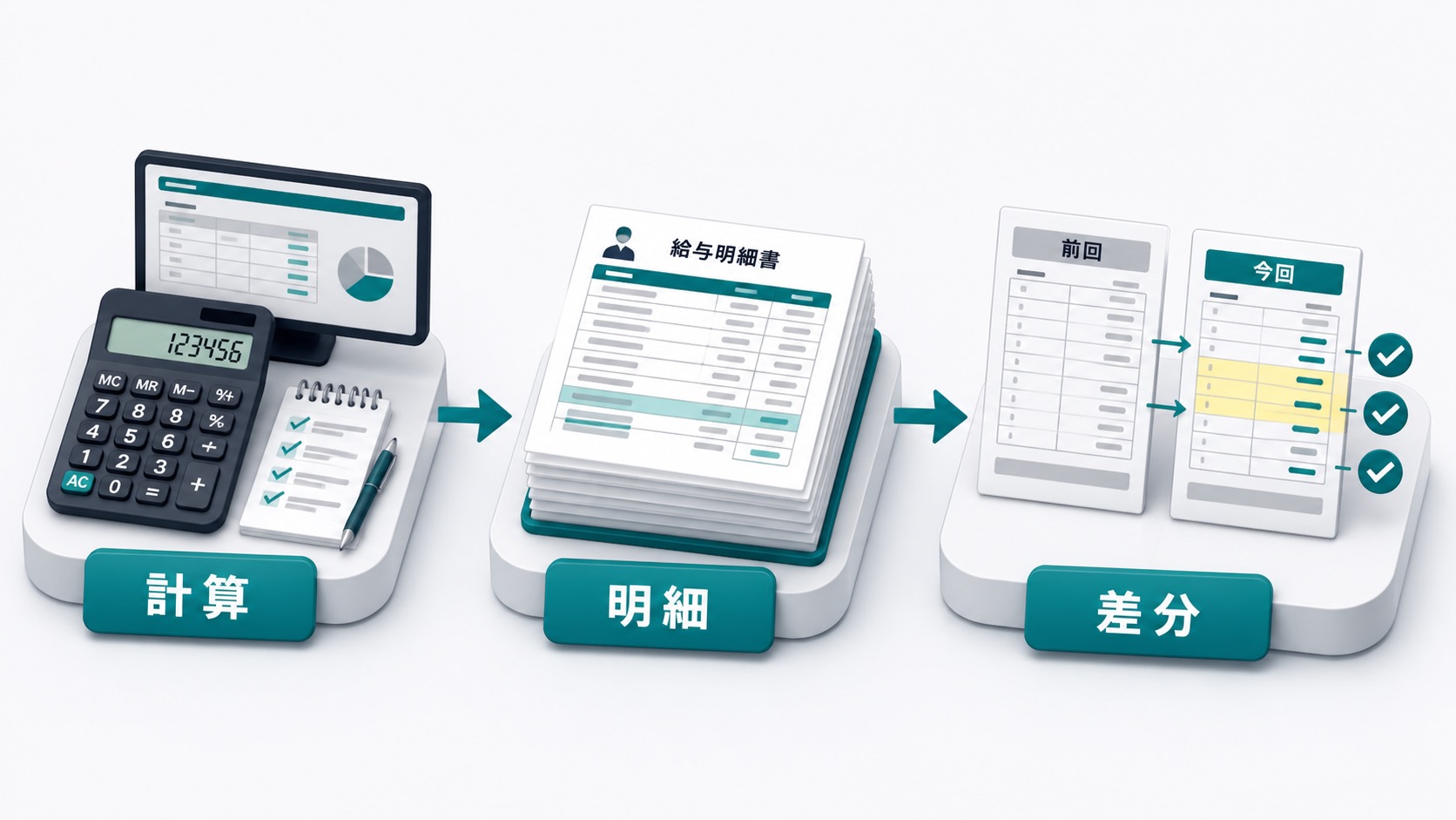給与計算のアイソメ図（電卓・チェック・支給）
